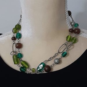 Pewter-toned metal links natural glass toned beads necklace 16"